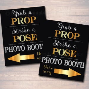 Photo Booth Signs Black and Gold Party Decor, Wedding Party Sign, Grab a Prop & Strike a Pose, Graduation Party, Printable, INSTANT DOWNLOAD image 1