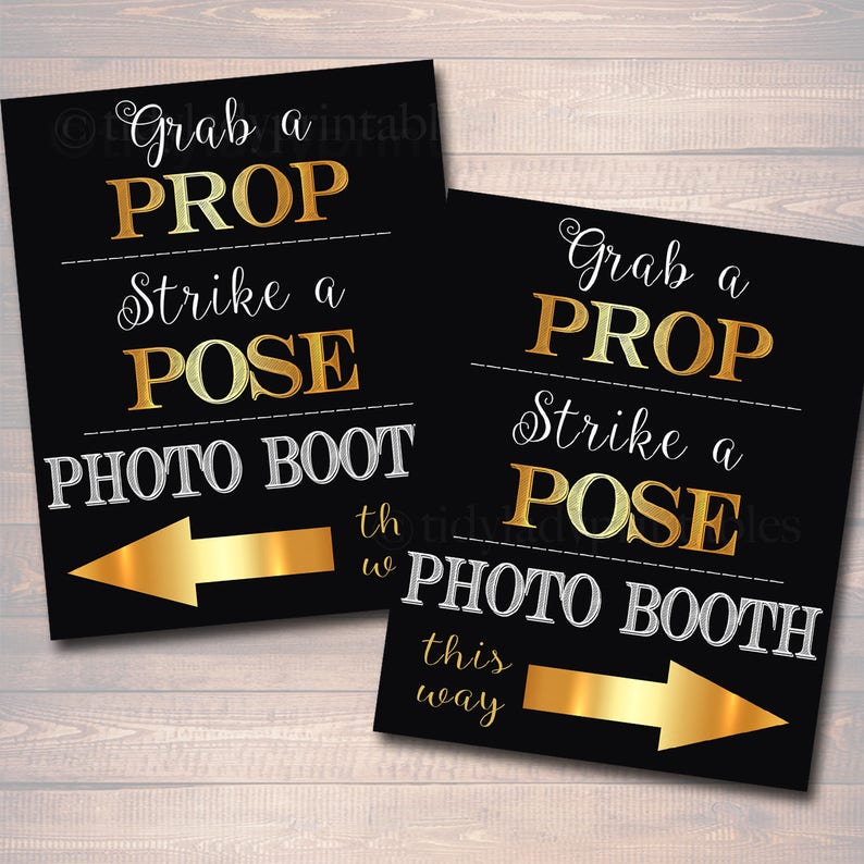 Photo Booth Signs Black and Gold Party Decor, Wedding Party Sign, Grab a Prop & Strike a Pose, Graduation Party, Printable, INSTANT DOWNLOAD image 1