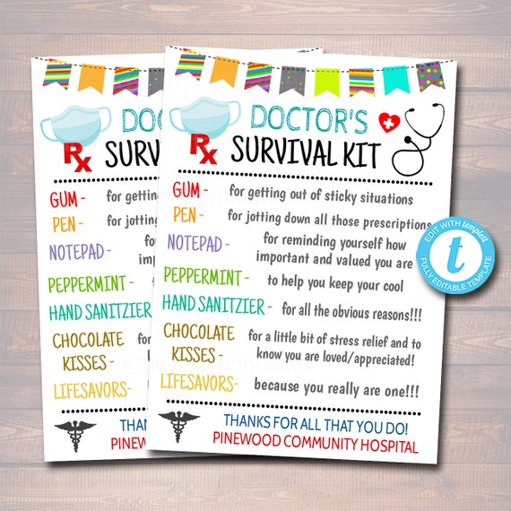 Doctor Survival Kit Gift Tags, National Doctors Day, Medical Staff Appreciation Week, Thank you Gift Card, Printable DIY Editable Template Il_570xn