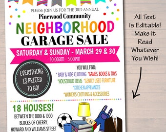EDITABLE Garage Sale Flyer, Printable PTA PTO Flyer, School Church Fundraiser, Neighborhood Rummage Sale Event Poster, Digital Printable