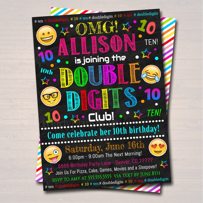 EDITABLE Double Digits Club Party Birthday Invitation INSTANT DOWNLOAD Birthday Digital Sleepover 10th Birthday Emoji Girl Tween Invite