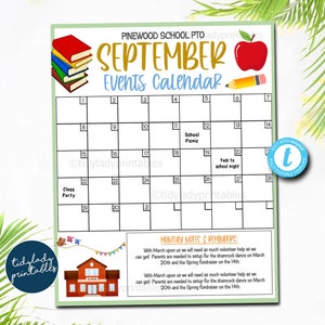 EDITIERBARER September-Veranstaltungskalender, zurück in der Schule PTO PTA druckbares Handout, Volunteer für Schulspendenfeiern, Vorlage für saisonale Organizer