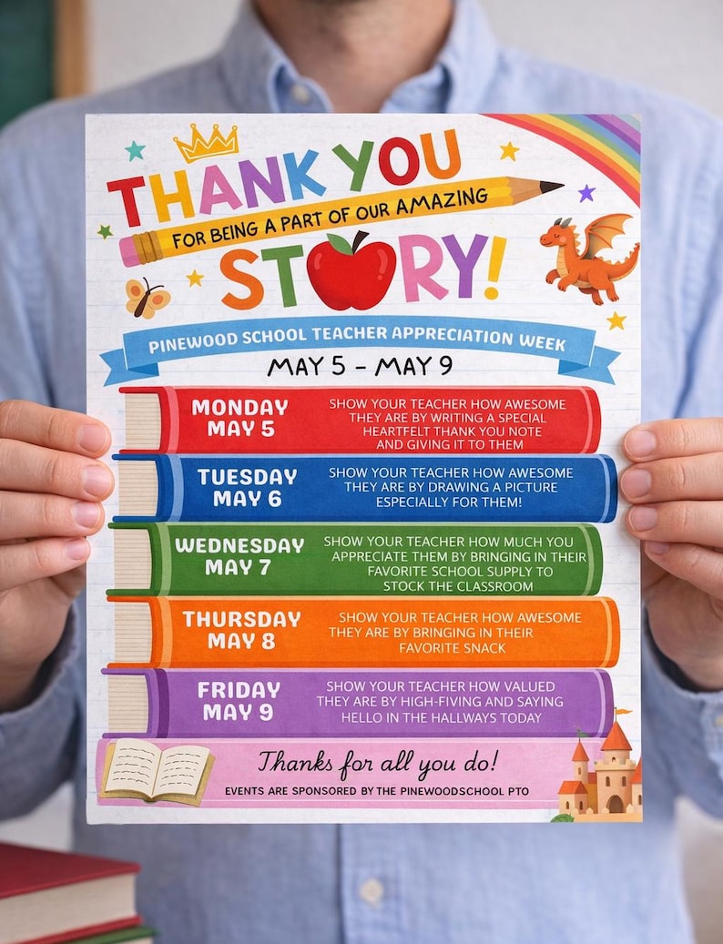 Storybook Weekly Routine Storybook Theme Teacher Appreciation Week Itinerary Flyer, Thanks for ...