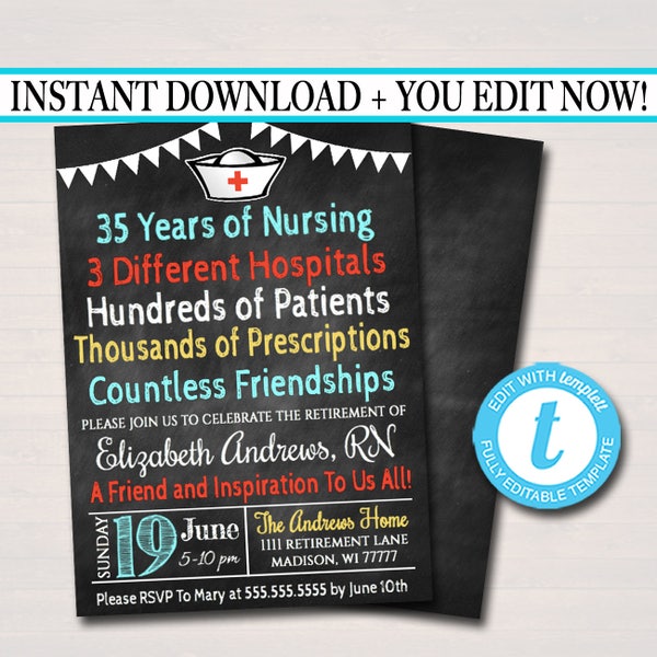 Editable Nurse Retirement Invitation Chalkboard Printable Digital Teacher Invite Retirement Party, RN Doctor Personalized Nurse Career Stats