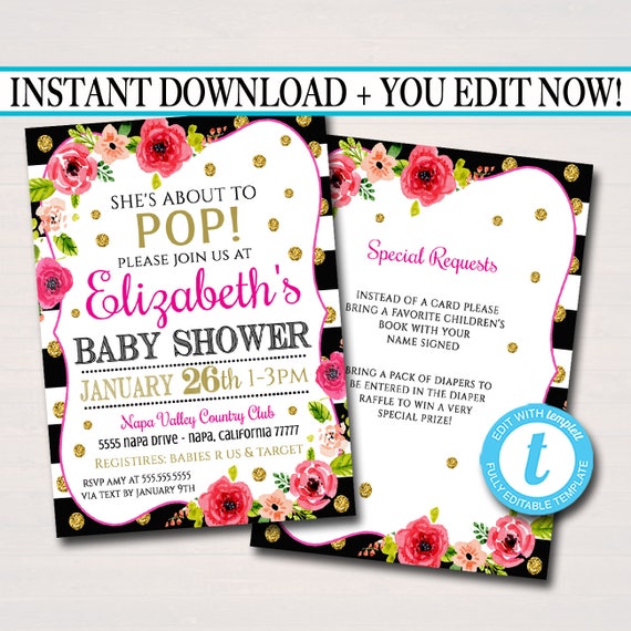 EDITABLE Baby Shower Invitation, She's About to Pop Baby Sprinkle Party Invite, Watercolor Floral, Gold Glitter Stripes, INSTANT DOWNLOAD Il_570xn
