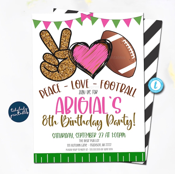 Girl Football Invite, Peace Love Football Pink Football Birthday Party Invitation, Football Birthday Party, Little Girl Fall Autumn EDITABLE Il_570xn