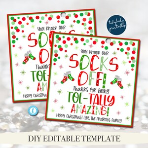 Etiquetas para presentes de meias de Natal para funcionários, presente para manicure e pedicure, toe-tally incrível professor equipe funcionário enfermeira agradecimento modelo editável de presente
