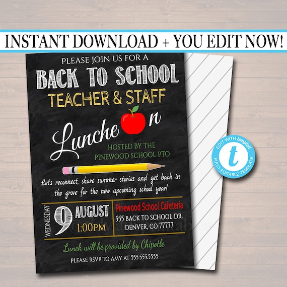 EDITABLE Teacher Staff Luncheon Breakfast Social Printable PTA PTO Flyer Invite School Fundraiser, Back To School Lunch Printable Invitation Il_570xn