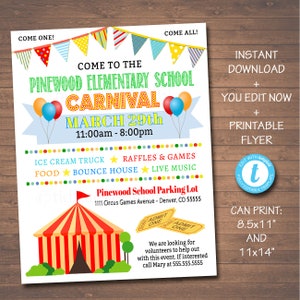 K&ouml;nnte beinhalten: Ein farbenfroher, druckbarer Flyer f&uuml;r einen Karneval der Pinewood Elementary School. Der Flyer zeigt ein Cartoon-Zelt, Ballons und Sterne. Der Karneval findet am 29. M&auml;rz von 11:00 bis 20:00 Uhr statt. Der Flyer listet Aktivit&auml;ten wie einen Eiswagen, ein H&uuml;pfburg, Live-Musik und Tombola und Spiele auf. Der Flyer enth&auml;lt auch die Adresse der Schule und eine Telefonnummer, um Mary f&uuml;r Freiwilligenarbeit zu kontaktieren.