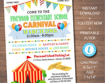 Folleto de carnaval EDITABLE, Folleto imprimible de la PTA de la PTO, Póster del evento de recaudación de fondos de beneficio de la iglesia escolar, Invitación imprimible a la fiesta del circo digital