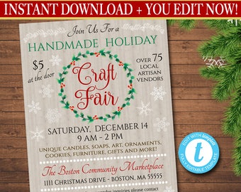 Christmas Market Flyer, Holiday Shopping Craft Show Invitation, Xmas Fair Handmade Invite Printable School Pto Pta Fundraiser Church Flyer