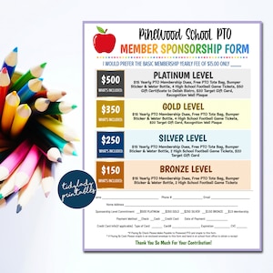 EDITABLE PTO PTA Form, Sponsership Membership Donation Signup Printable Handout, School Finance Fundraiser Event, Template, Instant Download