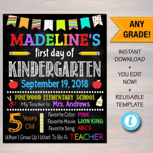 EDITABLE First Day of School Sign, Back to School Chalkboard Poster, Personalized School Chalkboard, Any Grade Sign 1st Day, Back To School