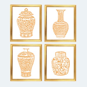 Orange Ginger Jar Digital Art Prints, INSTANT DOWNLOAD, Orange and White Chinoiserie Vases, Palm Beach Chic, Set of 4