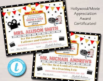EDITABLE Appreciation Hollywood Award Certificates, Movie Vip Personalized Printable Awards, Cinema Movie Teacher Party, INSTANT DOWNLOAD