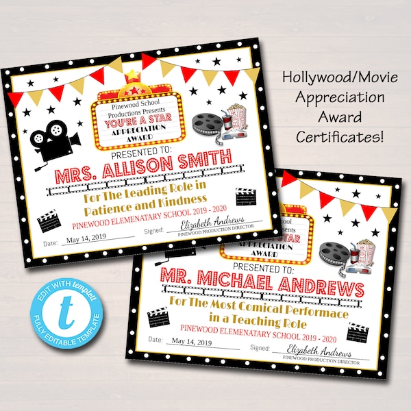 EDITABLE Appreciation Hollywood Award Certificates, Movie Vip Personalized Printable Awards, Cinema Movie Teacher Party, INSTANT DOWNLOAD