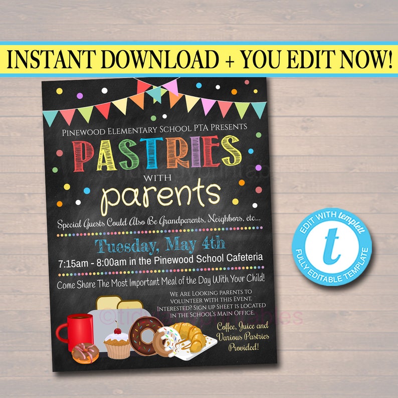 EDITABLE Pastries With Parents Printable PTA Flyer School Etsy