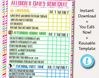 May include: A colorful daily schedule template with the title "Allison's Daily Schedule." It includes sections for morning, afternoon/school work, and evening/free time, with checkboxes for each day of the week. The text "Instant Download + You Edit Now! + Reusable Template" is also visible.
