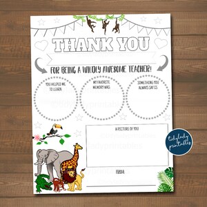 Jungle Theme Teacher Appreciation Week Imprimible, Encuesta de maestros de aula, Todo sobre mi maestro Hoja de trabajo Gracias Página para colorear IMPRIMIBLE