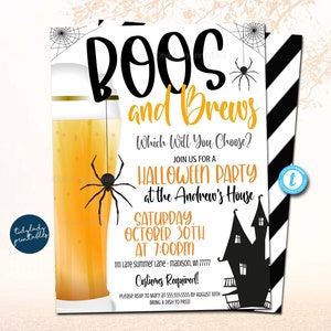 Invitación de Halloween de Boos and Brews: Fiesta de disfraces para adultos (Plantilla editable)