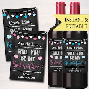Los padrinos EDITABLES preguntan etiquetas de vino, regalo de etiqueta de vino imprimible de Navidad, propuesta de madrina ¿Serás mi padrino diy, DESCARGA INSTANTÁNEA