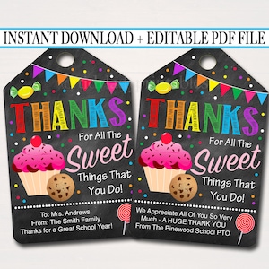 Printable Thank You Favor Tags, Appreciation Week Labels Printable INSTANT + EDITABLE Sweet Gift Candy Cookie Treat Tag, Candy Sweet Theme