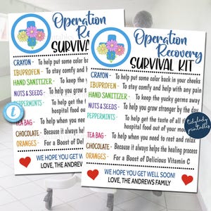Betrieb Erholung Survival Kit Geschenkanhänger, Geschenkidee nach der OP, Gute Besserung Geschenk, Denken an Sie Karte, druckbare bearbeitbare Vorlage