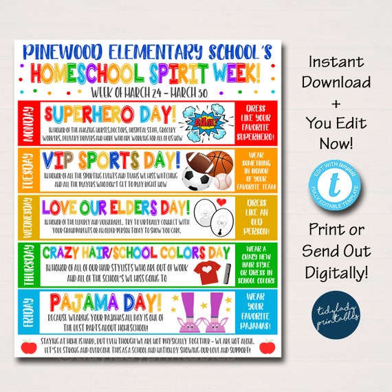 HomeSchool Spirit Week Itinerary Schedule, Daily Weekly Calendar, School Pto Pta, Kids Fun Schedule Planner Printable Editable Template Il_570xn