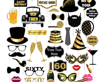 Puede incluir: Un conjunto de 20 accesorios de cabina de fotos negros y dorados para una fiesta de cumpleaños número 60. Los accesorios incluyen un sombrero de copa, gafas, bigote, pajarita, copas de champán, un pastel, un gorro de fiesta, un globo, una copa de martini, labios, una pipa, un coche, un cartel que dice "Feliz cumpleaños", un cartel que dice "Artículos antiguos", un cartel que dice "Old Timer", un cartel que dice "#sixtyandfabulous", un cartel que dice "Sesenta", un cartel que dice "Tu texto aquí", un cartel que dice "Te queremos", un cartel que dice "Los sesenta son los nuevos cincuenta", un cartel que dice "Hora de la fiesta", y una botella de champán que dice "Envejecido a la perfección".