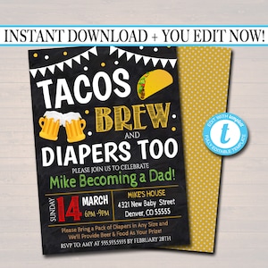 Tacos and Beer Baby Shower Invitation, Dad Diaper Party, Chalkboard Printable Baby Sprinkle Fiesta Couples Shower Invite, EDITABLE TEMPLATE