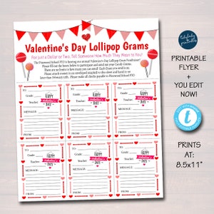 May include: Printable Valentine's Day Lollipop Gram fundraiser flyer with red and pink hearts, a banner, and lollipop graphics. The flyer has six sections for filling out the recipient's name, grade, teacher, message, and sender's name. The flyer is 8.5x11 inches.