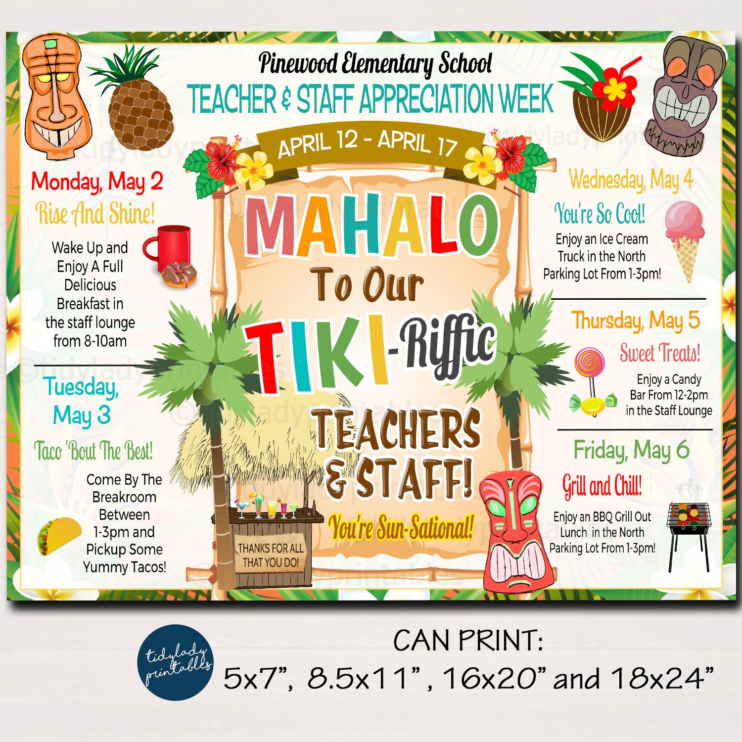 Buy EDITABLE Hawaiian Themed Teacher Appreciation Week Itinerary Online