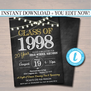 Editable Reunion Invitation Template: Faux Chalkboard, Party Lights (Instant Download)
