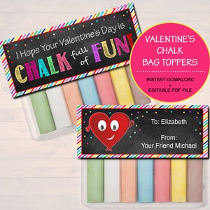 EDITABLE Valentine&#39;s Chalk Bag Toppers, Classroom Student Gift INSTANT DOWNLOAD Printable Non Candy Valentine, Hope is Chalk Full of Fun