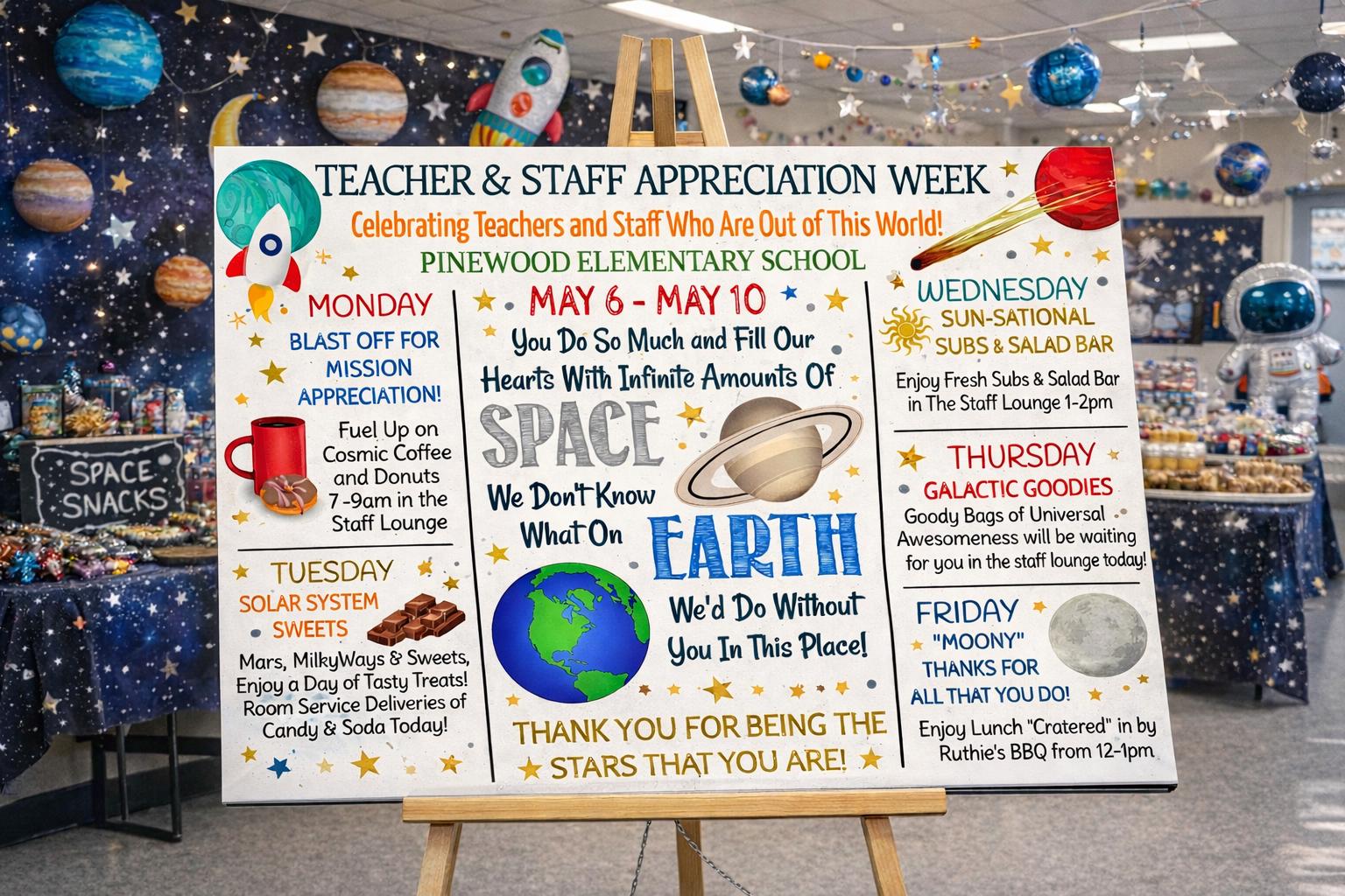 Space Theme Teacher Appreciation Week Itinerary Poster, Employee Staff ...