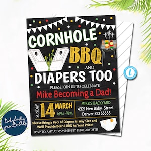 Cornhole and BBQ Baby Shower Invitation Chalkboard Printable Baby Sprinkle Baby Q, Grill Couples Shower Bbq Party Invite, EDITABLE TEMPLATE