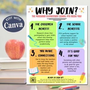 EDITABLE PTO PTA Recruitment Flyer, Printable Handout, School Fundraiser Event, Why Join the School Pto Pta Volunteer Handout Canva Template