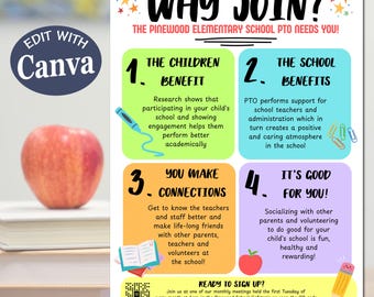 EDITABLE PTO PTA Recruitment Flyer, Printable Handout, School Fundraiser Event, Why Join the School Pto Pta Volunteer Handout Canva Template