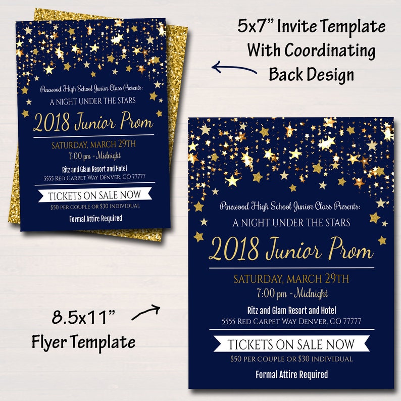 EDITABLE Prom Set, Dance Flyer Invitation Ticket Starry Night, Gold Glitter Under The Stars High School Event, Pto, Pta INSTANT DOWNLOAD image 2