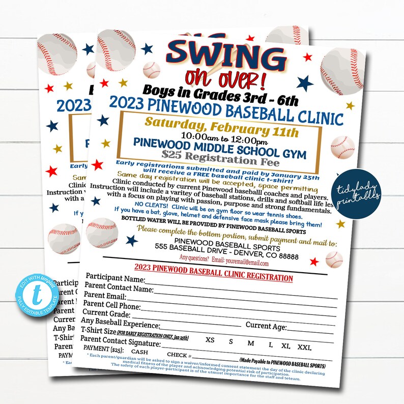 Editable Baseball Clinic Registration Form: Little League Flyer ...
