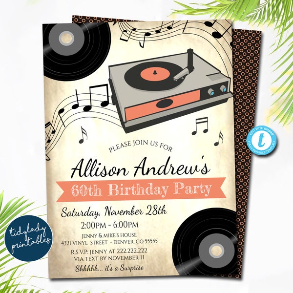 EDITABLE Vintage Vinyl Record Party Invitation, Adult Birthday Printable Any Age,Oldie but Goodie, Wedding Anniversary Invite, DIY TEMPLATE