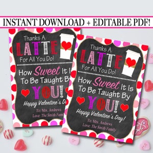 Étiquettes-cadeaux de café de la Saint-Valentin modifiables, étiquettes de bonbons, cadeau d'appréciation de l'enseignant, merci un latte pour tout ce que vous faites étiquettes, TÉLÉCHARGEMENT INSTANTANÉ