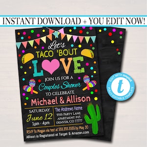 Convite Let's Taco 'Bout Love editável, chá de panela médio Fiesta Nacho, convite para festa de chá de casais para casamento DOWNLOAD INSTANTÂNEO