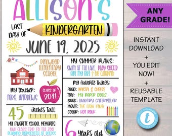 Last Day of School Sign: Girl Stats Keepsake Photo Prop (Editable Digital File, 8x10/11x14/16x20")