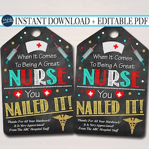 Printable Nurse Thank You Tags, Nurse Appreciation Week Gift INSTANT + EDITABLE, RN Nurse Nailed It Retirement Favor Label Tag Digital File