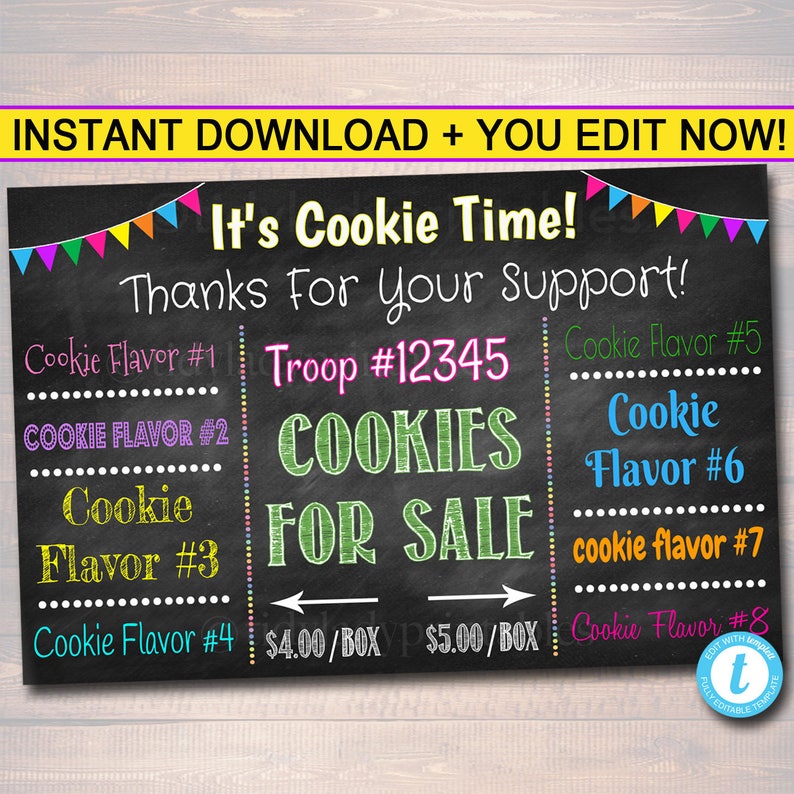 EDITABLE Cookie Booth Sign, Digital File, Troop Leader, Cookie Banner, Bake Sale Sign, INSTANT DOWNLOAD Fundraiser Printables 