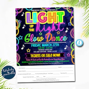 EDITIERBARE Glow Dance School Dance Take Home Sheet, Church Community Event, Permission Slip Neon Nights High School Dance, pto pta, EDITIERBAR