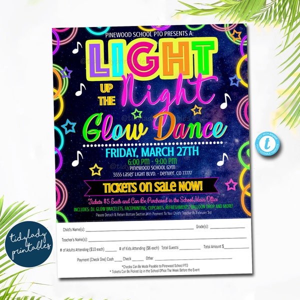 EDITABLE Glow Dance School Dance Take Home Sheet, Church Community Event, Permission Slip Neon Nights High School Dance, pto pta, EDITABLE