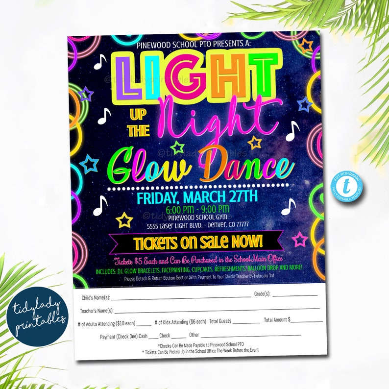 EDITABLE Glow Dance School Dance Take Home Sheet, Church Community Event, Permission Slip Neon Nights High School Dance, pto pta, EDITABLE image 1