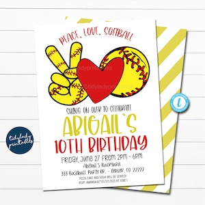 Softball Birthday Invitation: Peace Love Design (Editable Template)